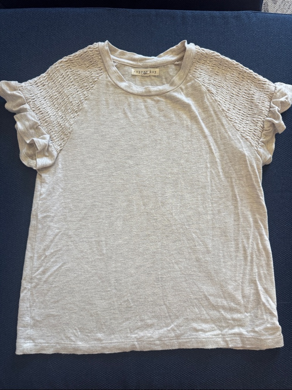 Copper Key Light Beige Short Sleeve Smocked Ruffle Tee